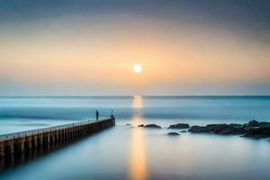 a long exposure photograph of a pier at sunset. AI-Generated photo