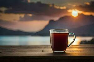 a cup of tea sits on a wooden table with the sun setting behind it. AI-Generated photo