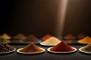 a variety of spices are arranged in bowls. AI-Generated photo