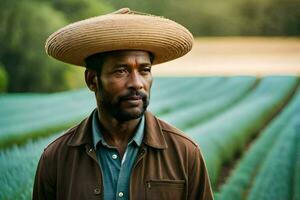 a man wearing a hat stands in front of a field of green onions. AI-Generated photo