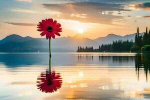 un soltero rojo flor es en pie en el medio de un lago. generado por ai foto