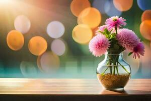 flores en un florero en un mesa con Bokeh. generado por ai foto