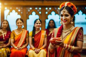 un mujer en un sari es participación un rojo maceta. generado por ai foto