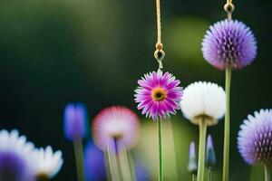 a bunch of flowers hanging from a string. AI-Generated photo
