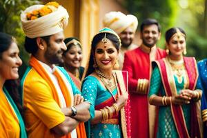 indian wedding party with bride and groom. AI-Generated photo