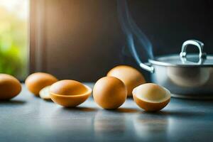 eggs on a table with a pot. AI-Generated photo