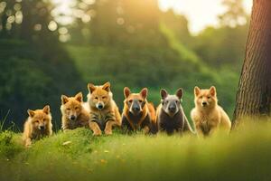 un grupo de perros en pie en el césped. generado por ai foto