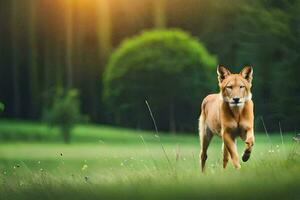 a red dog running through a grassy field. AI-Generated photo