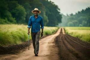 a man in a hat walks down a dirt road. AI-Generated photo