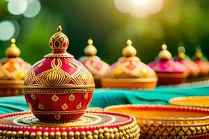 many colorful diyas are sitting on a table. AI-Generated photo