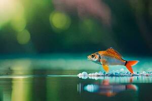 un pescado es en pie en el agua con un verde antecedentes. generado por ai foto