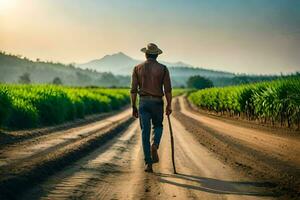 un hombre caminando abajo un suciedad la carretera con caña en mano. generado por ai foto