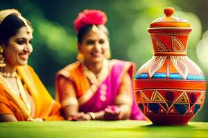 two women in saris sitting next to a pot. AI-Generated photo