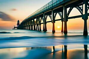 a long pier with a lighthouse at sunset. AI-Generated photo