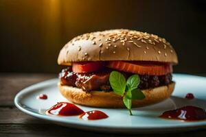 a hamburger with ketchup and tomato sauce on a white plate. AI-Generated photo