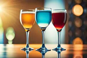 three glasses of colored drinks on a table. AI-Generated photo