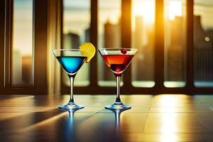 two martini glasses with colorful drinks on a table in front of a city skyline. AI-Generated photo