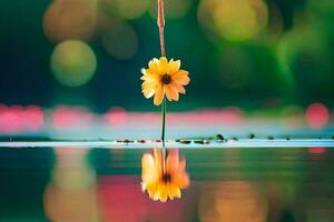 a single yellow flower is floating in the water. AI-Generated photo