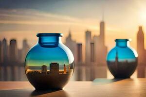 two vases with a city skyline in the background. AI-Generated photo