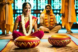 a bride and groom sit on the floor with bowls in front of them. AI-Generated photo