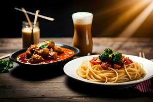 spaghetti and meatballs in a sauce on a wooden table. AI-Generated photo