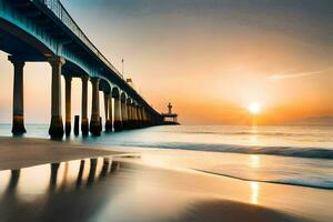 the sun rises over the ocean and pier. AI-Generated photo