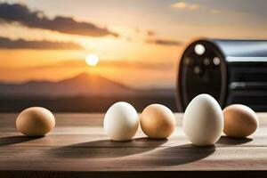 eggs on a table with a sunset in the background. AI-Generated photo