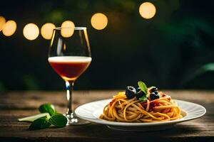 spaghetti with tomato sauce and basil leaves on a plate. AI-Generated photo