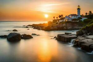 a lighthouse sits on the shore of a rocky beach at sunset. AI-Generated photo