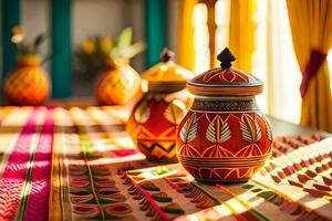 colorful vases on a table with colorful curtains. AI-Generated photo
