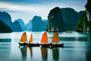 three boats with orange sails in the water. AI-Generated photo