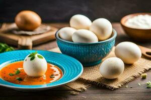 eggs in a bowl with tomato sauce on a wooden table. AI-Generated photo