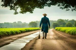 a man in a blue suit walks down a dirt road. AI-Generated photo