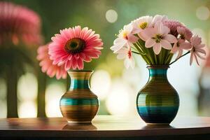 two vases with pink flowers sitting on a table. AI-Generated photo