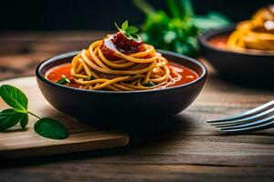 spaghetti with tomato sauce and basil leaves in a bowl. AI-Generated photo