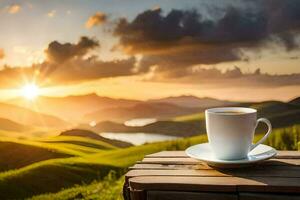 a cup of coffee on a wooden table in front of a beautiful sunset. AI-Generated photo