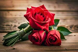 red roses on a wooden table. AI-Generated photo