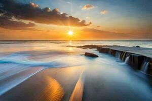 the sun rises over the ocean and waves. AI-Generated photo
