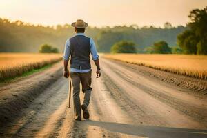 a man in a hat and vest walking down a dirt road. AI-Generated photo