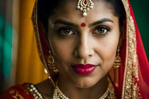 a beautiful indian woman wearing a red sari. AI-Generated photo