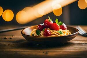 a plate of pasta with strawberries and mint leaves. AI-Generated photo