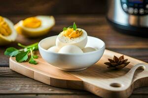 instant pot egg poached eggs in a bowl. AI-Generated photo