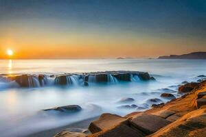the sun sets over the ocean and waves crashing into rocks. AI-Generated photo
