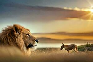 un león y un ciervo son en el césped a puesta de sol. generado por ai foto