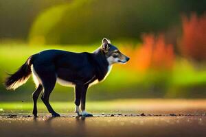 a dog is standing on the ground in front of a field. AI-Generated photo