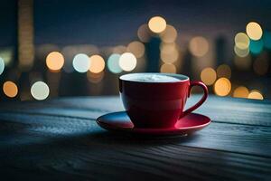 a cup of coffee on a wooden table in front of a cityscape. AI-Generated photo