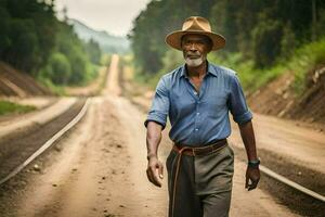 an older man wearing a hat walks along a dirt road. AI-Generated photo