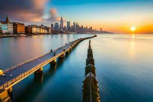 a long pier with a city skyline in the background. AI-Generated photo