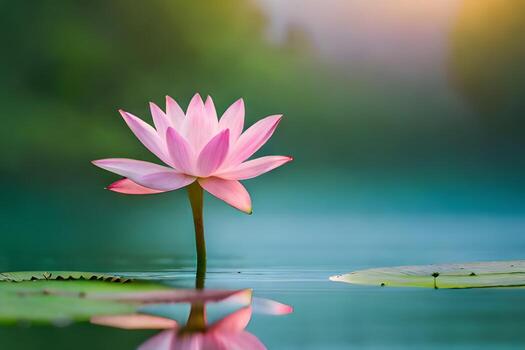 un rosado loto flor en el agua con hojas. generado por ai foto