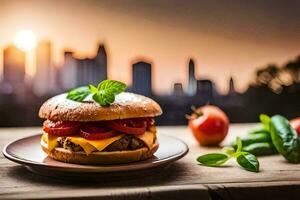 a cheeseburger with tomatoes and cheese on a plate. AI-Generated photo